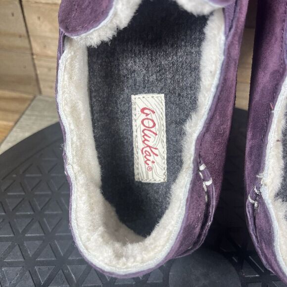 Olukai Nohea Slippers Womens Sz 5 Mystic Berry Red Nubuck Leather Fur Shearling - Picture 7 of 10